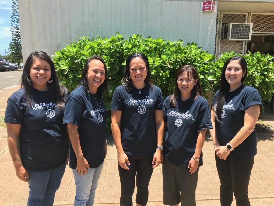 Moanalua alpha counselors (left to right):Mrs. Ladao (Fb-K), Mrs. Yamamoto (L-Ra), Mrs. Rhodes (CSAP Outreach counselor), Mrs. Oka (A-Fa) and Mrs. Tongg (Re-Z).