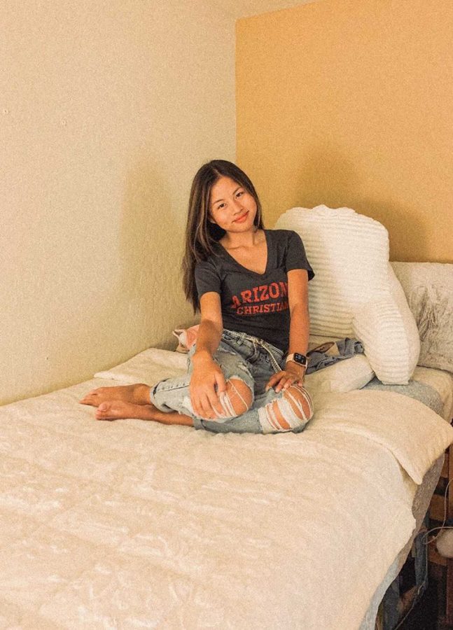 Lyrah Panarigan in her dorm room at Arizona Christian University.