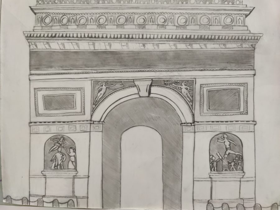 This pencil sketch of Paris famous Arc de Triomphe monument was done by Kennedi McNair.