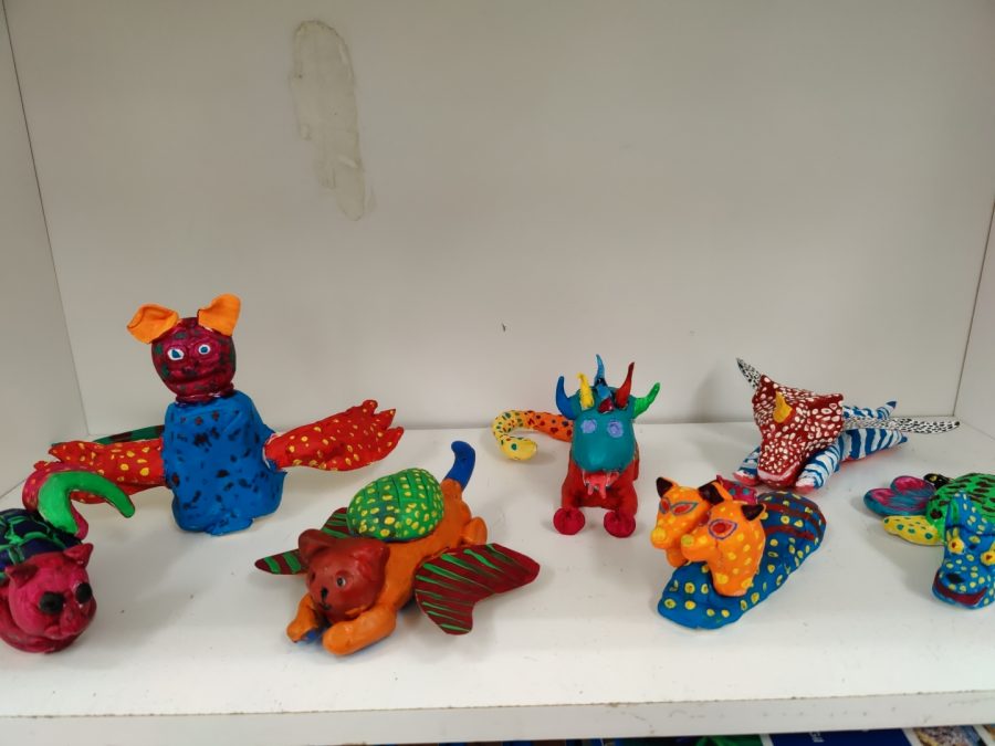 Students in the Spanish 2 classes created alebrije, mythical creatures from Mexican folklore, using paper mache.