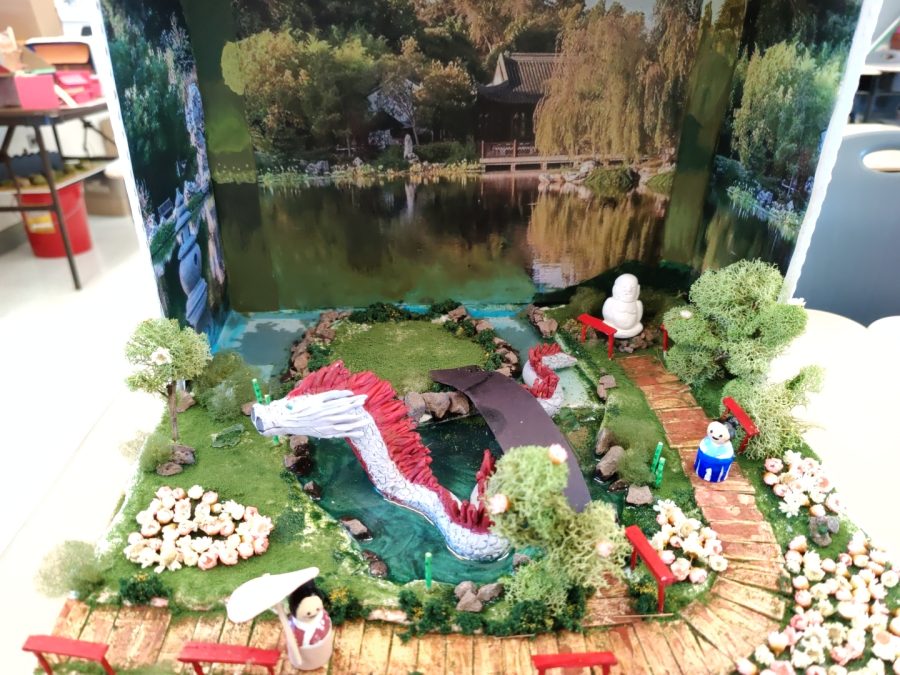 Gianna Fabre, Mia Daniels, and Riley Fukuda made a Chinese garden, complete with dragon.