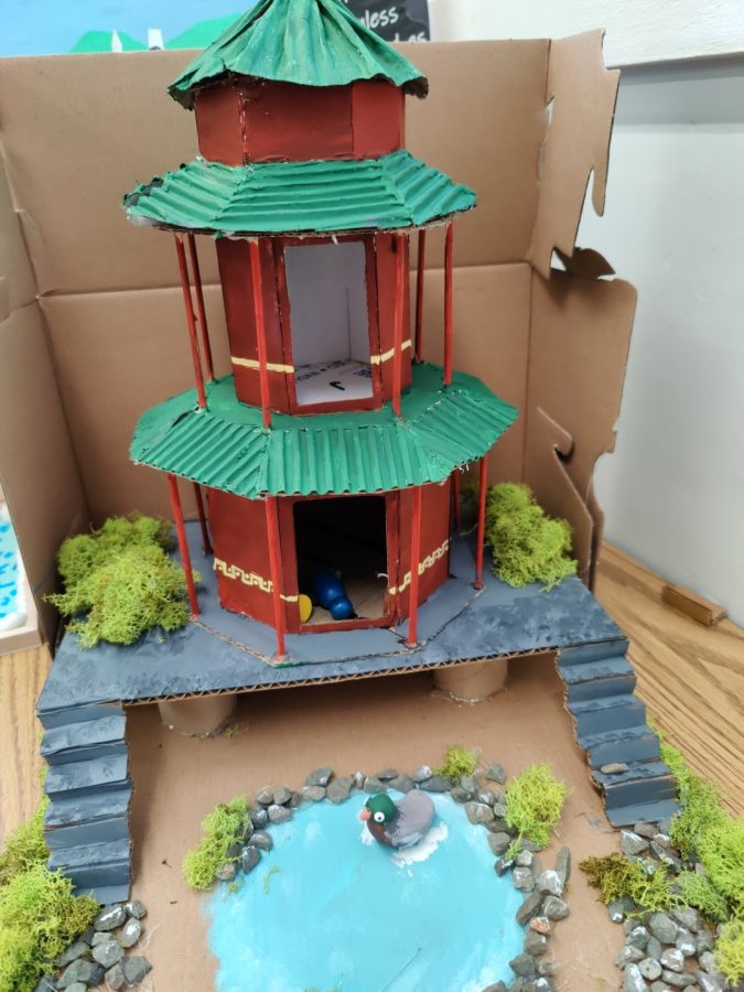 Marisa Lam, Aimee Long, and Nearri Nuusolia made a pagoda.