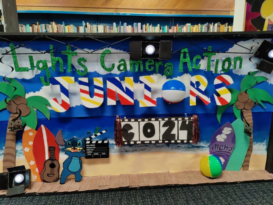 Inflatable beach balls graced the Lilo and Stich-themed banner from the junior class. Working spotlights accented the corners.