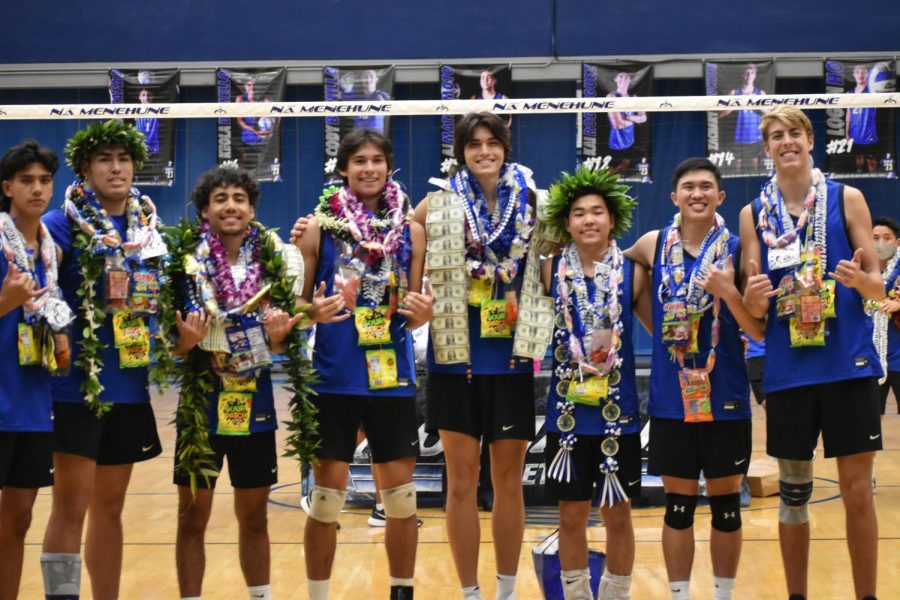 From left: Keola DeMello, Cody Bonilla, Christian Tafao, Kai Rodriguez, Justin Todd, Aaron Matsumoto, Logan Ho, and Zachary Yewchuck are all smiles at Senior Night April 10 in the school gym. After hitting their last shots, family members and the team coaches presented the seniors with gifts and lei. 