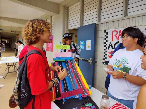 After racing the winning car on the race track, junior Jesse Koria (left) answered Dylan Dela Cruzs question for an additional prize. Wednesdays activity booths were some of the different activities the Peer Educators created as part of their Suicide/Self-Injury Awareness Week campaign.
