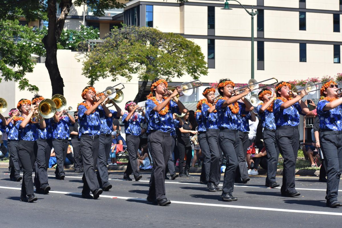 Menehune+Marching+Band+and+Color+Guard+performs+at+the+Aloha+Week+Parade%2C+September+30.+They+will+be+the+final+performers+at+this+Saturdays+Menehune+Classic.