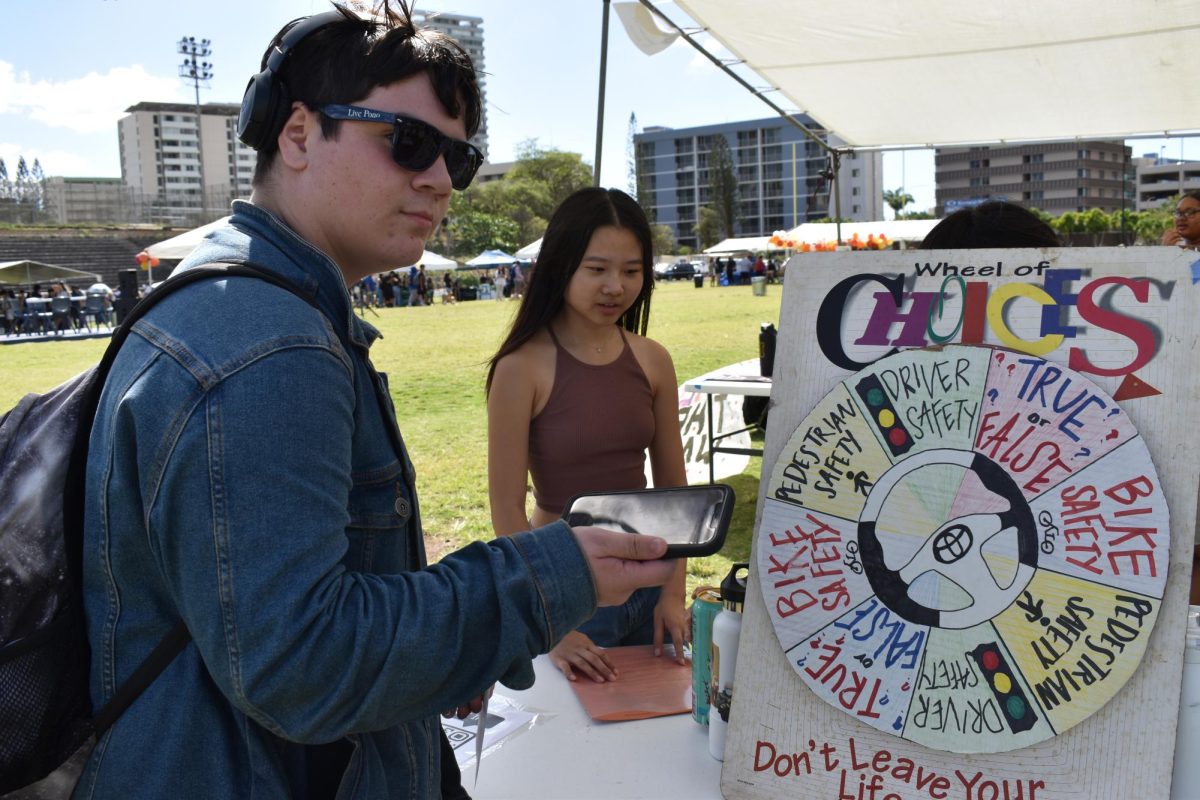 Freshman Mason Campbell practiced giving positive messages at the Peer Educators booth. Teacher Kelly Kaholokula said the students prepared a series of health-related activity centers for their portion of the health fair educationi booths.