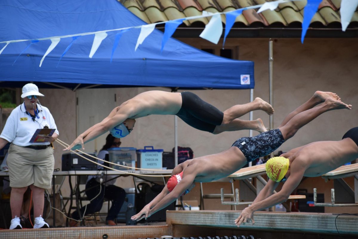 Hoyt Fujihara leaps off the block in the 100 yard butterfly event.