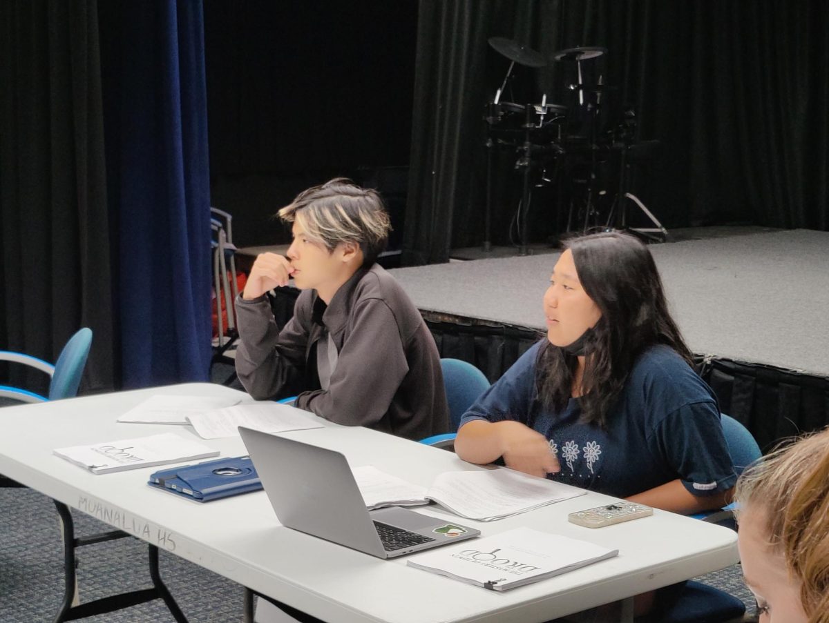Assistant director Cody Goo (left) and director Lauren Araki talk to the staff in November during the early stages to discuss their vision for the play. The spring production was Feb. 23-25, with school shows earlier in the week.