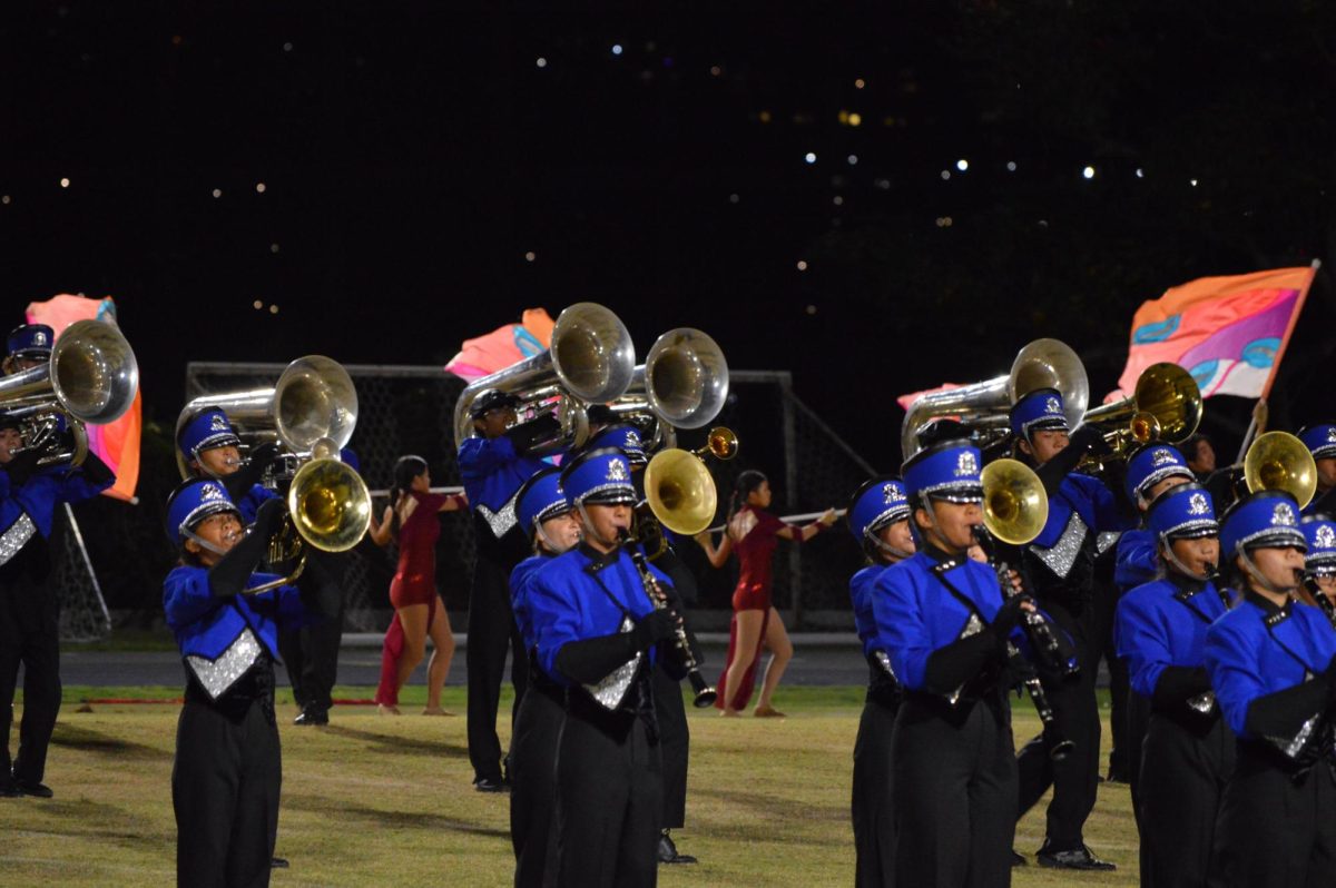 Moanalua High School’s Marching Band plays in the Menehune Classic on October 20, 2024.